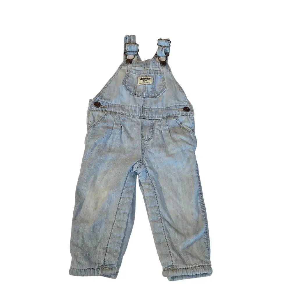 Oshkosh B'gosh 9 Month Blue Denim Lined Overalls Vestbak Baby Infant Snap Inseam